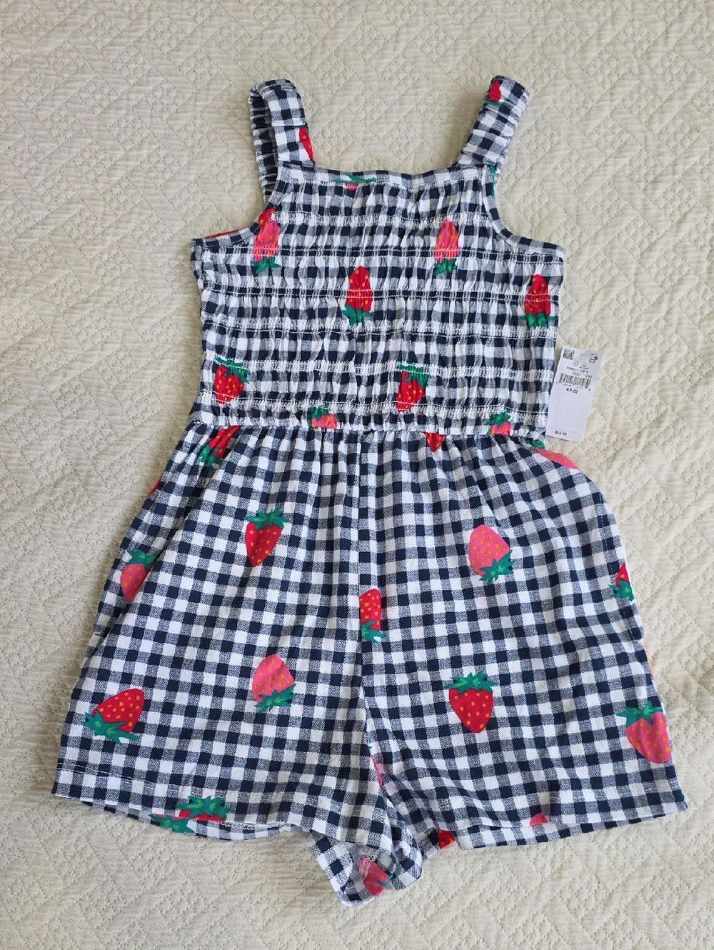 Old Navy Black & White Gingham Romper Red Strawberry Print XS
